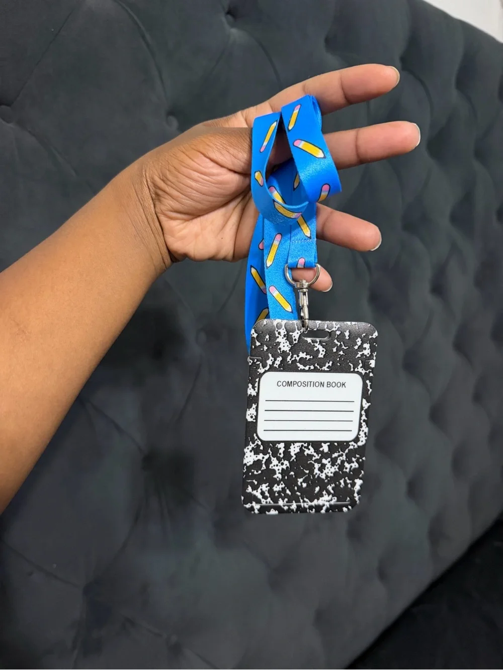 Blue Pencil Print Lanyard with Composition Book Card Holder